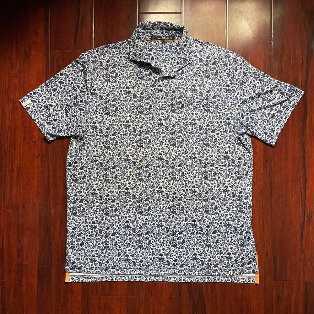 RLX Ralph Lauren Floral Print Polo Shirt Blue White Golf Performance Men's Large